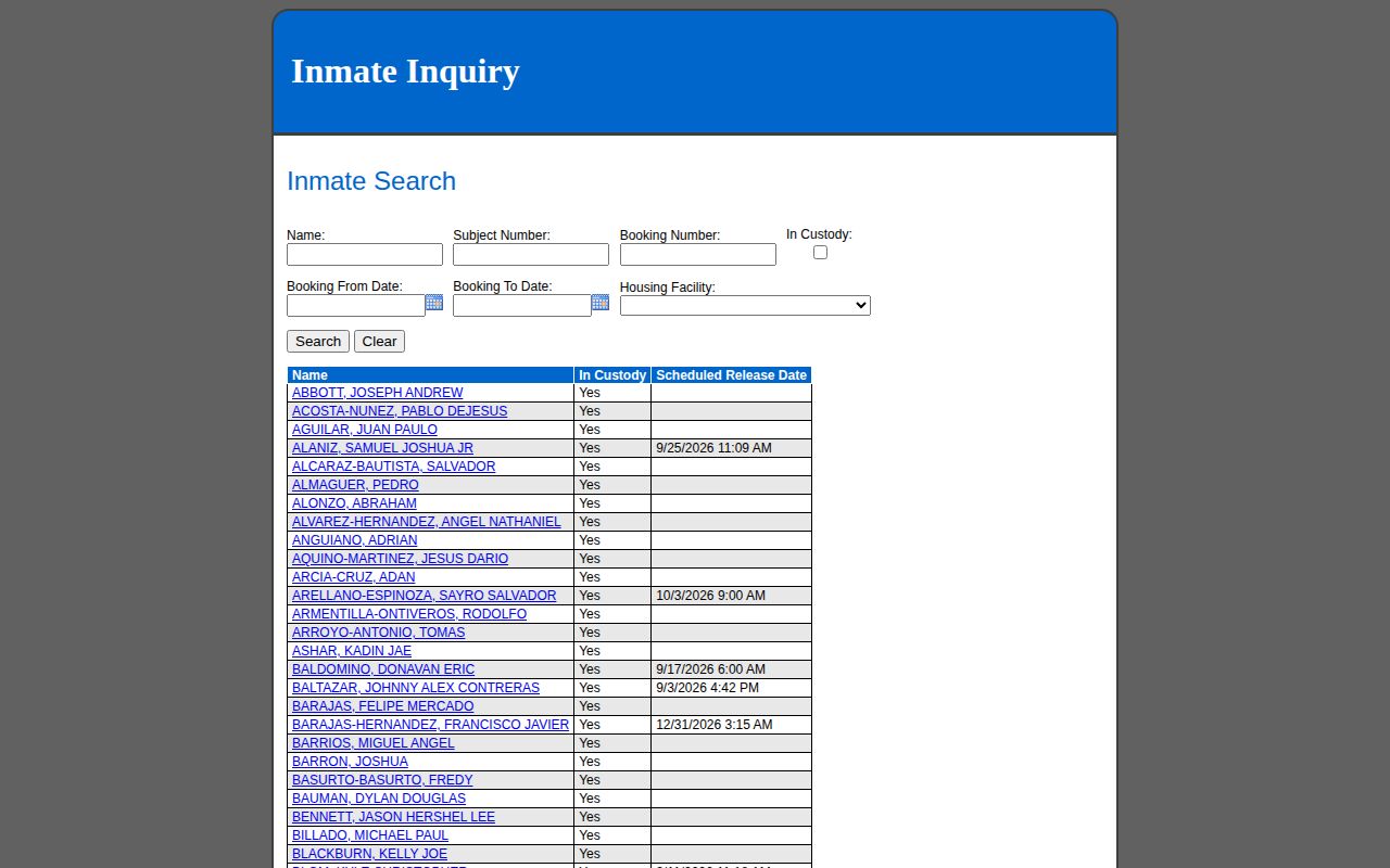 Franklin County roster search fields for custody and booking records