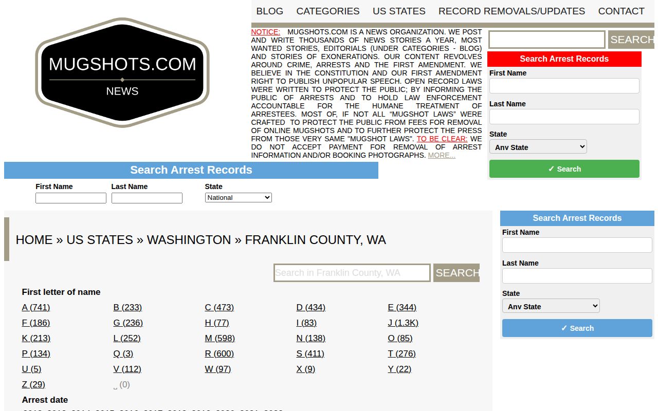 Franklin County unofficial mugshot-record source, Mugshots.com