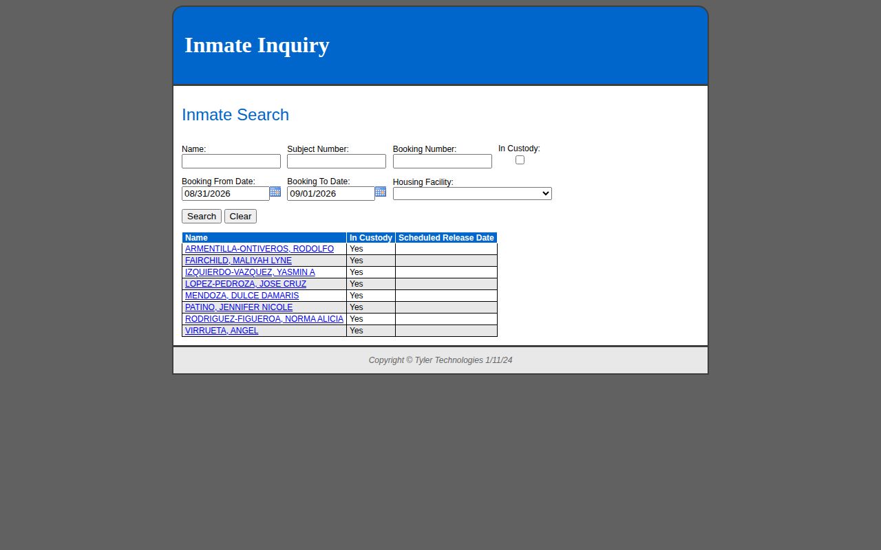 Franklin County booking date filter for a custody records query