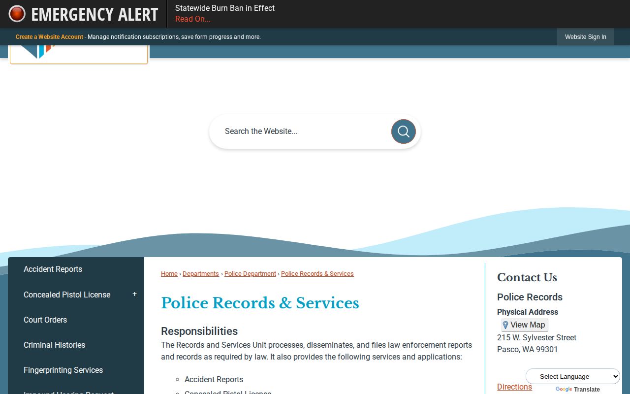 Franklin County Pasco Police records page for Pasco arrest-record requests