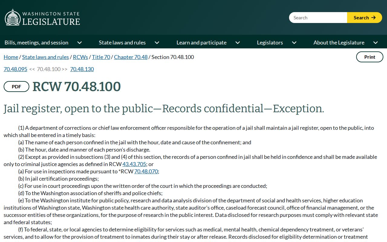 Franklin County booking record law under Washington RCW 70.48.100